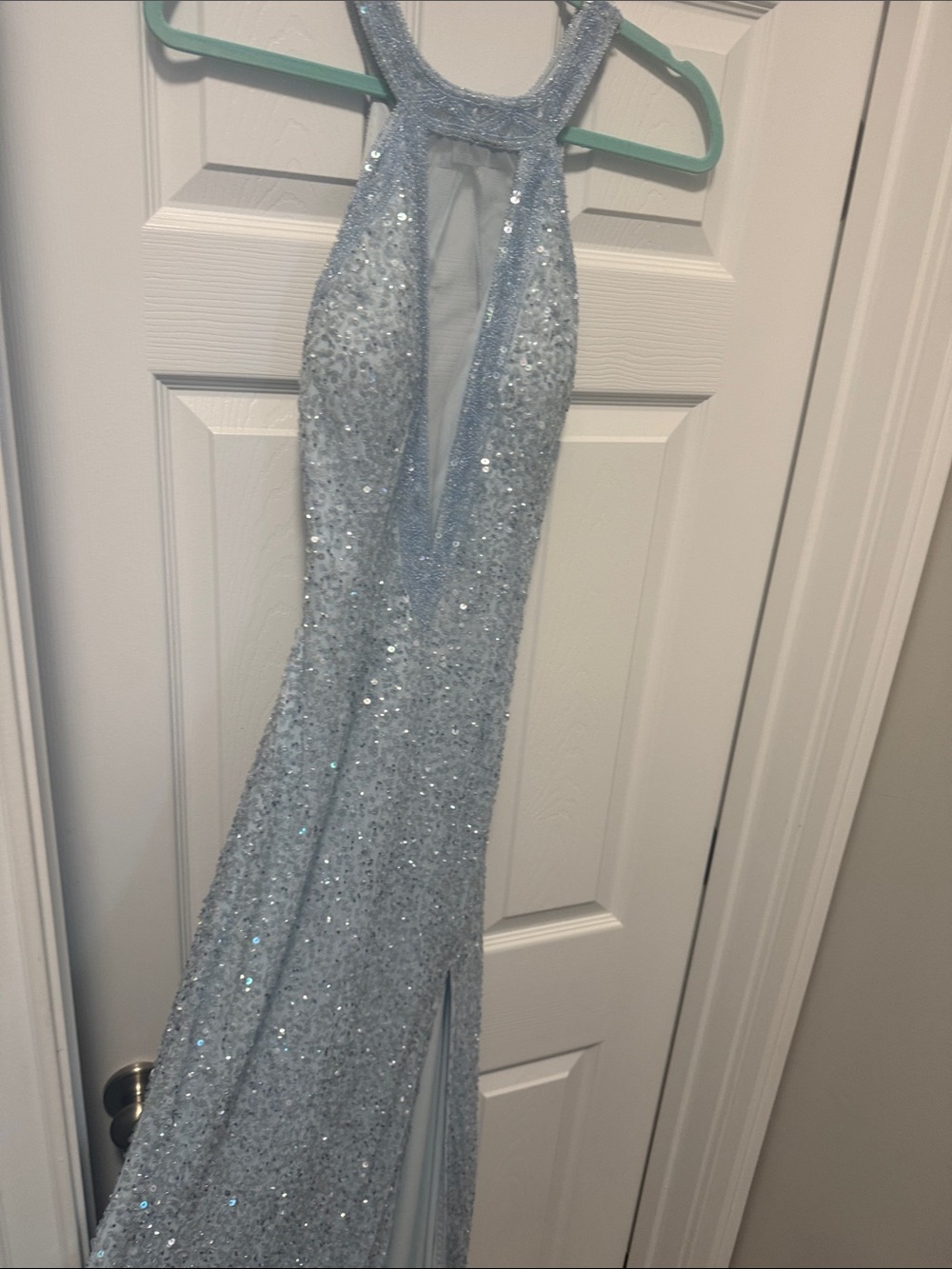 Scala Light Blue Sequin Halter Gown